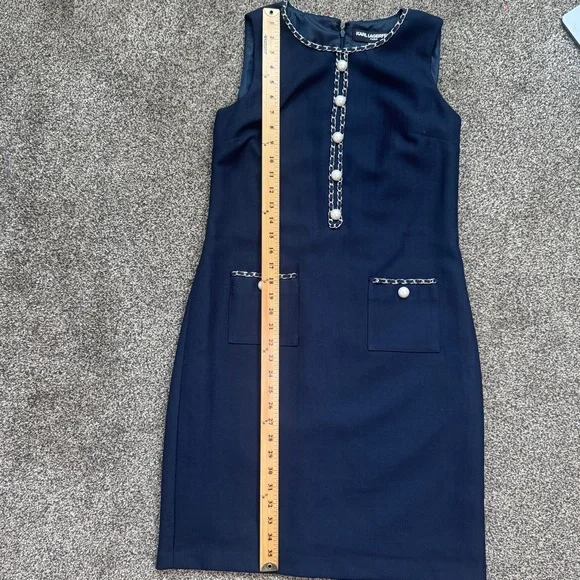 Karl Lagerfeld Paris Women's 6 Tweed Navy Dress with Pearl and Chain Detail - Picture 6 of 7
